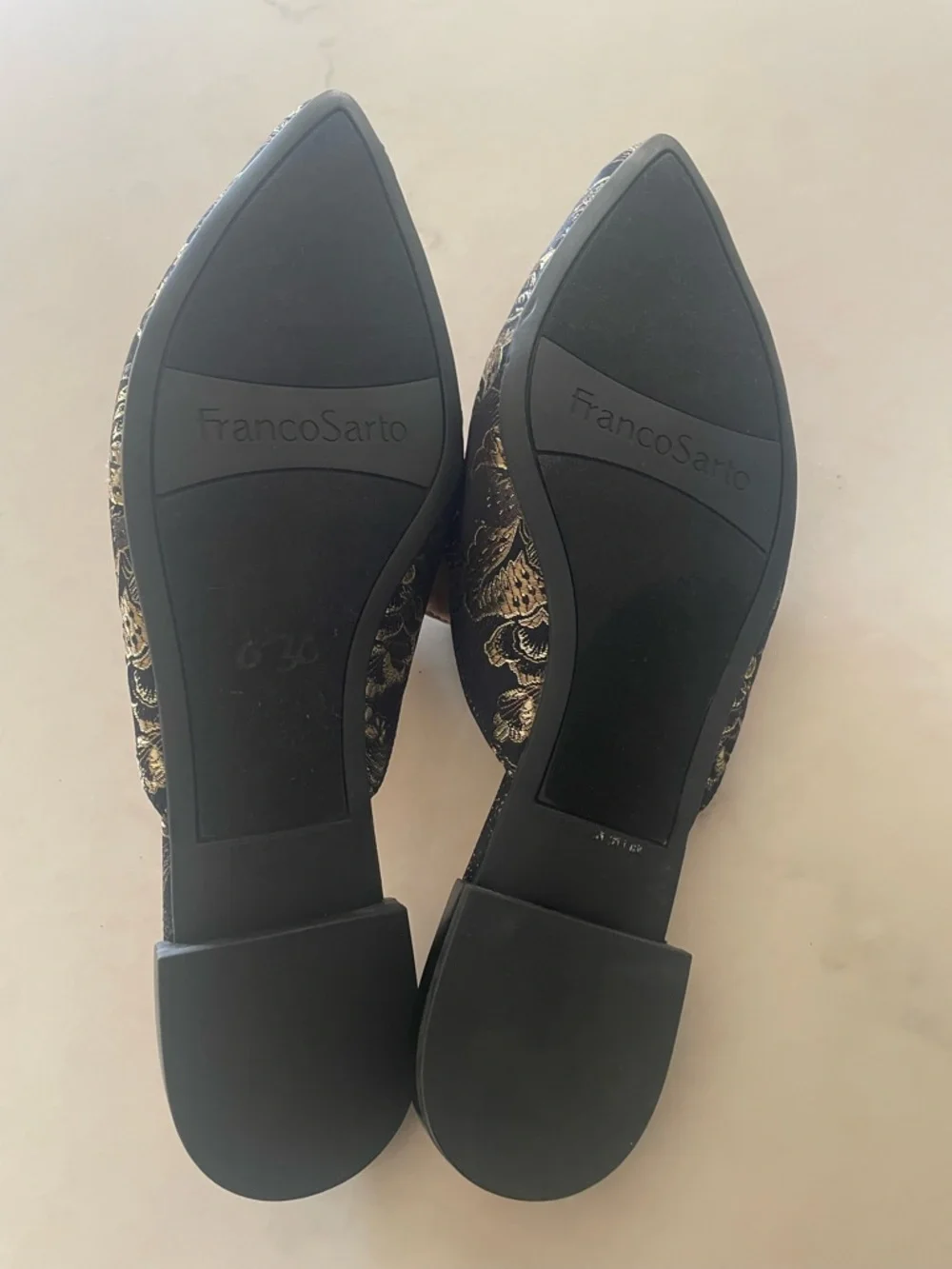Franco Sarto Black and Gold Paisley Embroidered Slip-On Mules - Picture 5 of 5